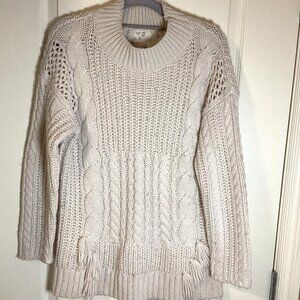 Falmer Heritage Women's White Cable Knit Long Sweater Size S Tassels Fisherman